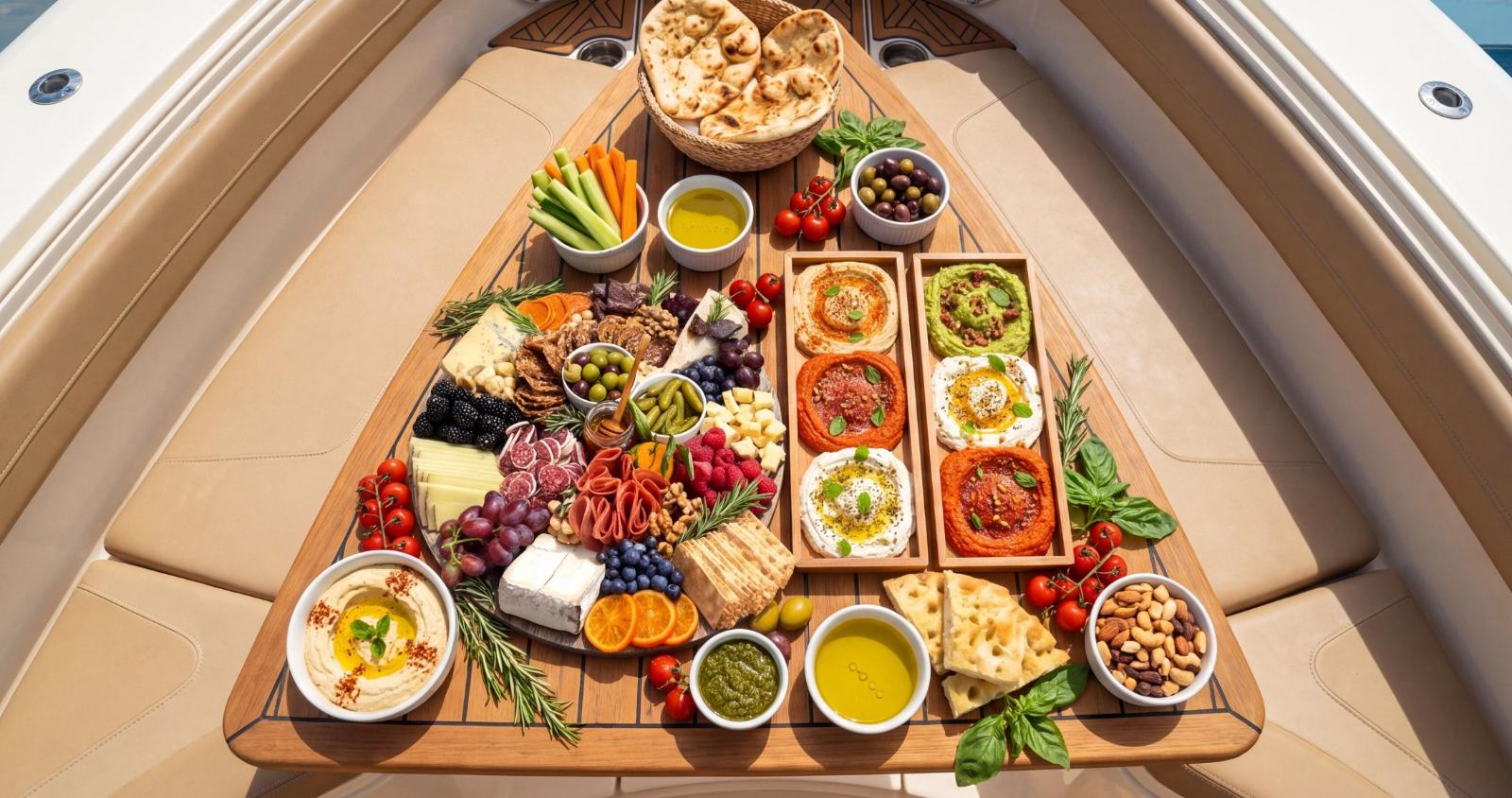The full charcuterie board with dips, cheeses and fruit on the bow table