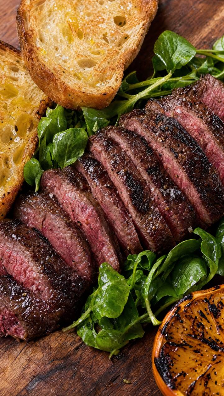 Grilled steak with watercress and toasted bread on a wooden board