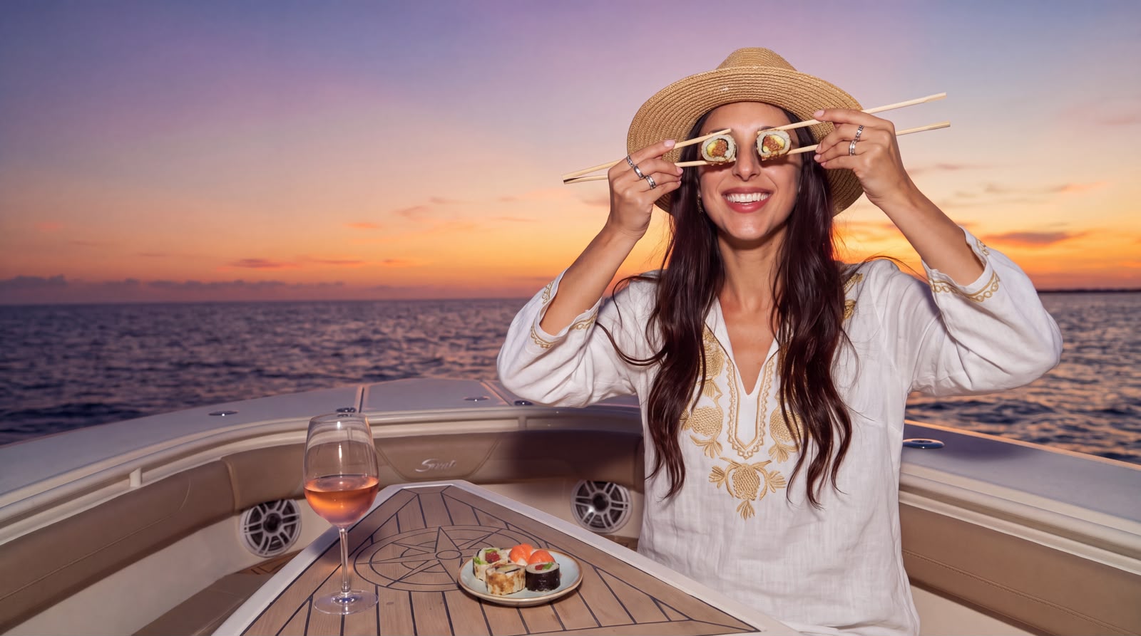 Sushi and a glass of rosé on board at sunset