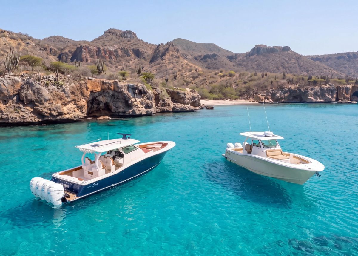 The Scout 420 and the Scout 355 at anchor side by side in a turquoise bay below the hills