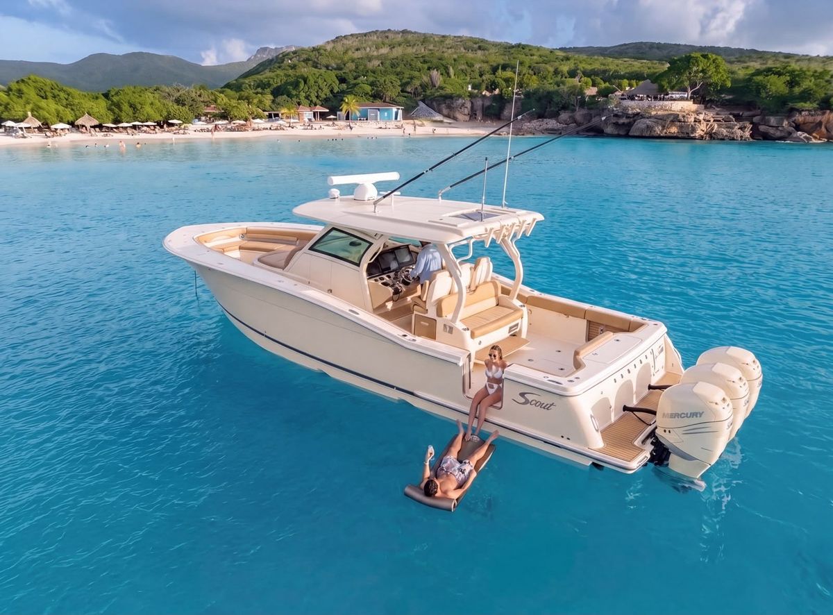 The Scout 355 at anchor off a beach, guests relaxing off the back