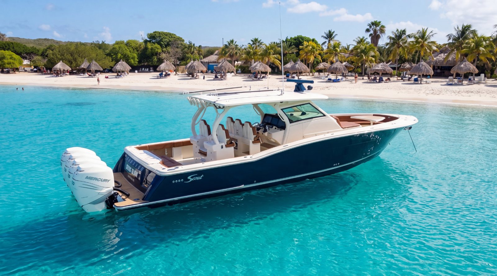 The Scout 420 at anchor off a palm-lined beach