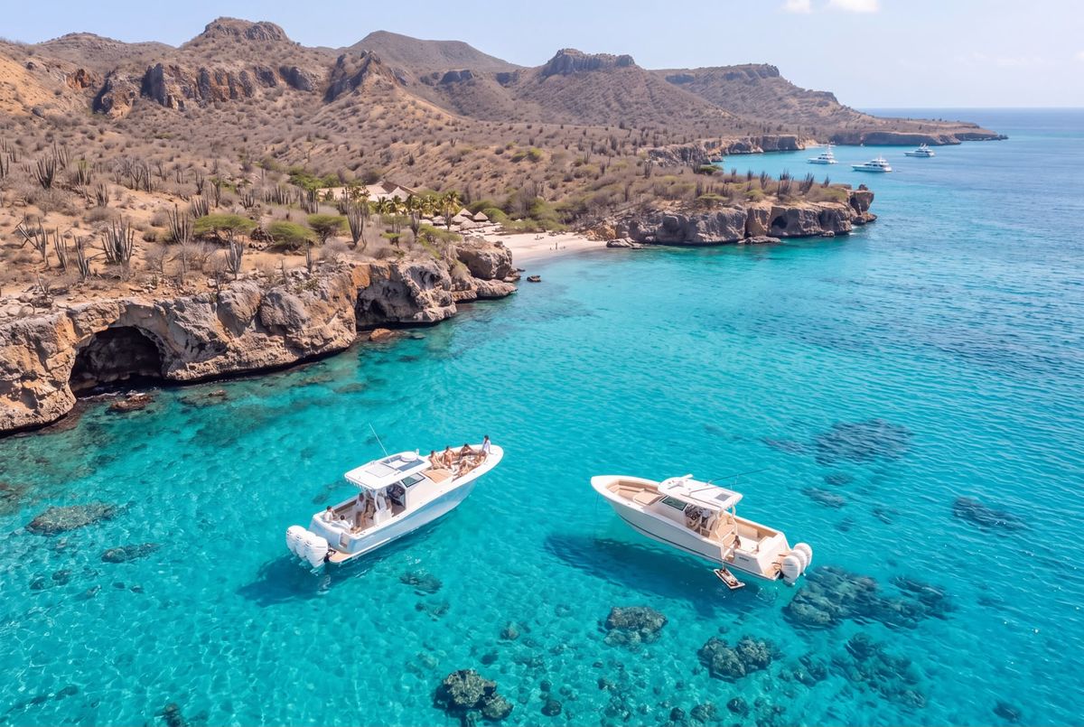 Aerial view of two white boats anchored in clear turquoise water off a rocky cove with a small beach and cactus-covered hills in Curaçao
